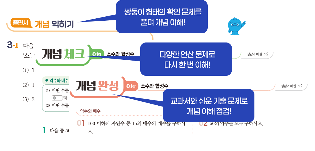 개념 익히기: 쌍둥이 형태의 확인 문제를 풀며 개념 이해!, 개념 체크: 다양한 연산 문제로 다시 한 번 이해!, 개념 완성: 교과서와 쉬운 기출 문제로 개념 이해 점검!